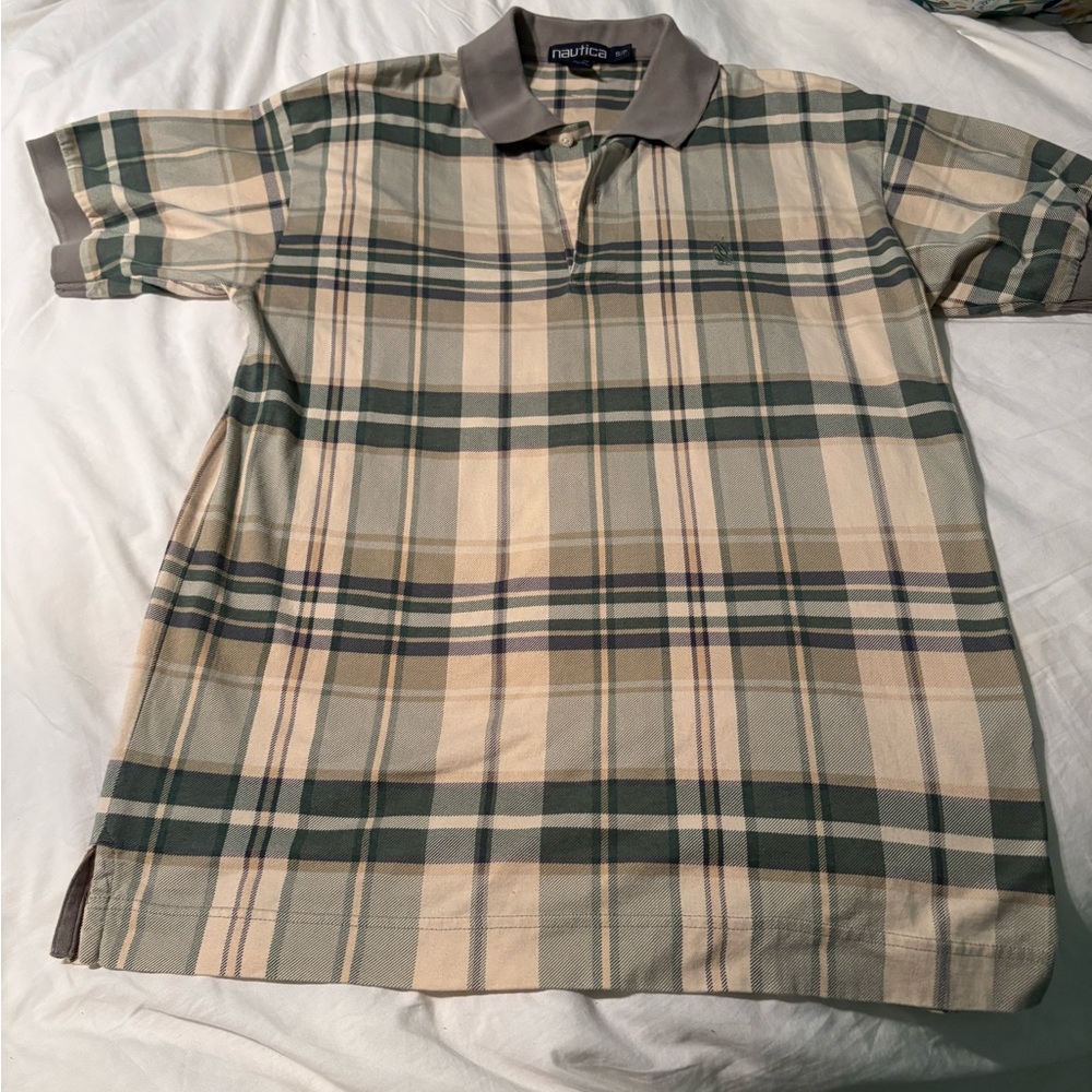 Nautica Beige and Navy Plaid Button-Down Shirt